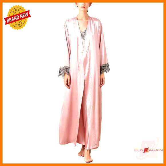 Satin Nightgown Robe Set Lace Trim Elegant V Neck Sleepwear Lounge Wear